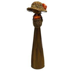 Vintage Handcrafted Woven Straw Doll with Sun Hat and Basket of Flowers